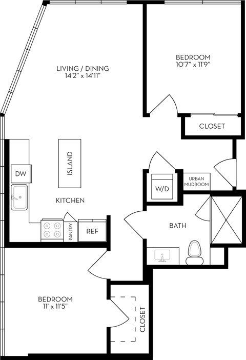 Floor plan for 2 beds, 1 bath, 908 sqft